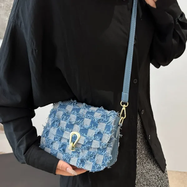 Checkered Raw Hem Adjustable Strap Crossbody Bag