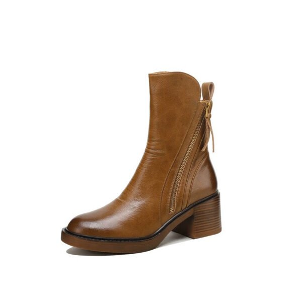 Round headed double zipper thick heel sponge bottom brown retro Martin boots for women