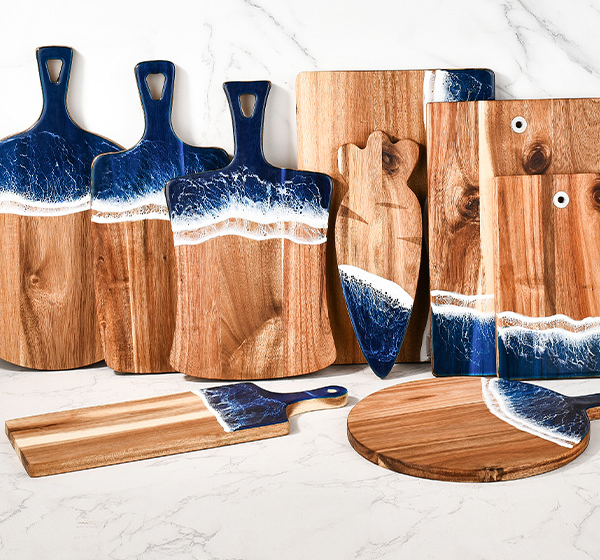 Wood Cutting Board Resin Blue green Wave Pattern