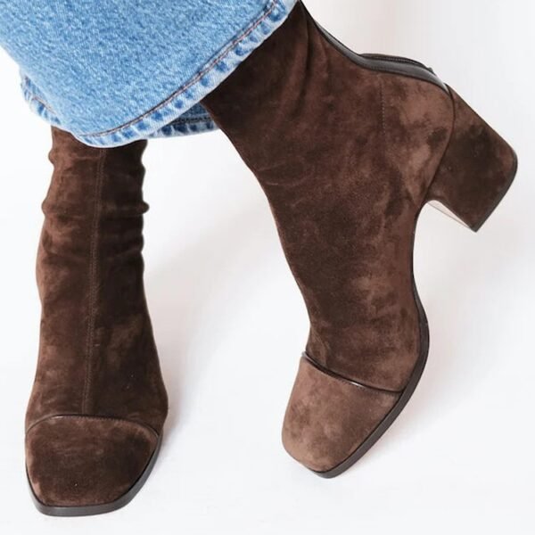 High heeled suede low cut British style square toe women's boots