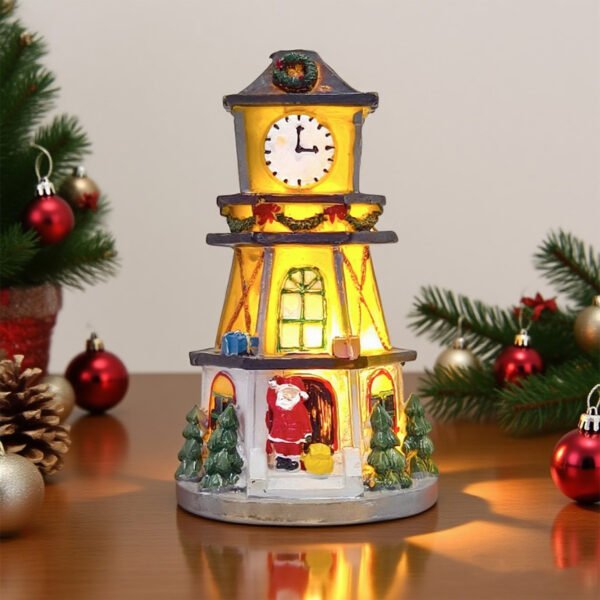 Creative LED Resin Mini House Decoration, Illuminated Resin Clock Tower for Christmas, Holiday Decor Gift