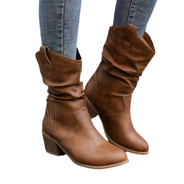 Middle heel pleated high heel round head middle tube stacked boots